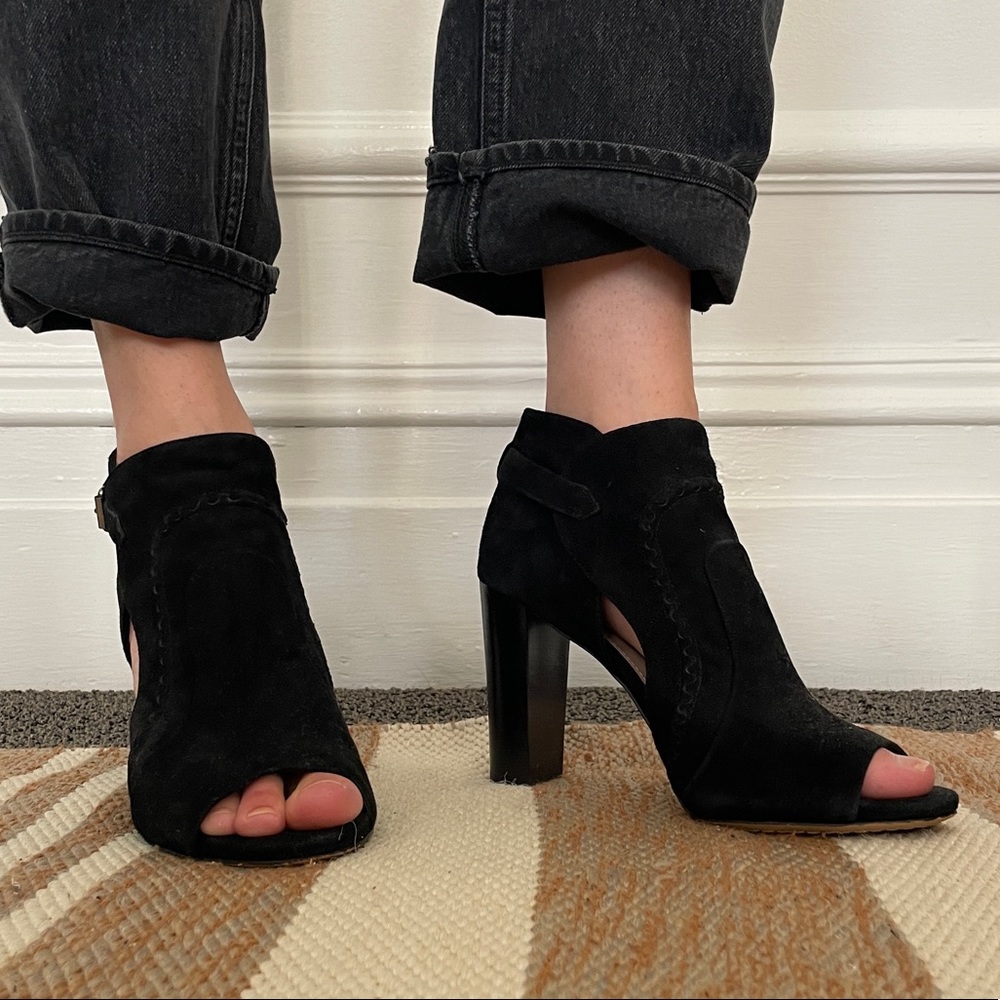 Vince Camuto Black Suede Conley Peep-Toe Heels, Sz 8M / 38